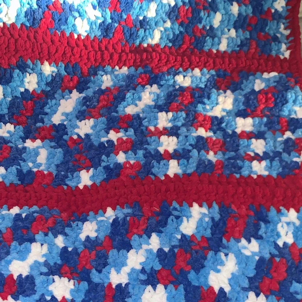 Colorful Red White Blue Handmade Crochet Blanket Afghan Apprx. 50x52 inches - Picture 10 of 16